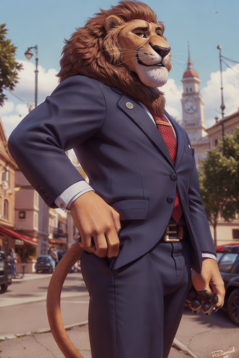 00559-3041233743-leodore lionheart, lion, felid, explicit, anthro, pants, suit, bottomwear, male, mask, solo, standing, tail, paws, pawpads, ciry.png